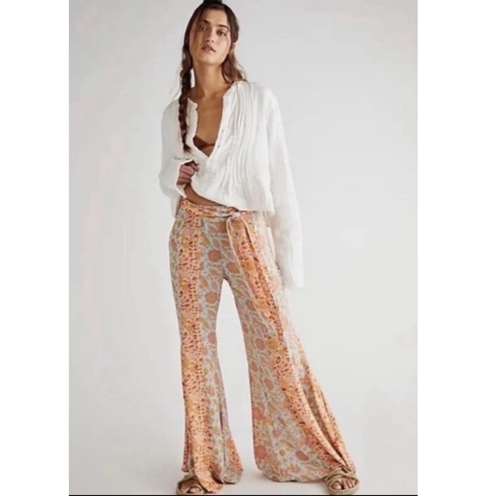 Free People Bali Sultry Flare Pants Medium Patchwork Floral Tie Waist Boho